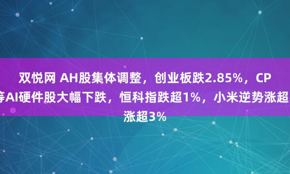 双悦网 AH股集体调整，创业板跌2.85%，CPO等AI硬件股大幅下跌，恒科指跌超1%，小米逆势涨超3%